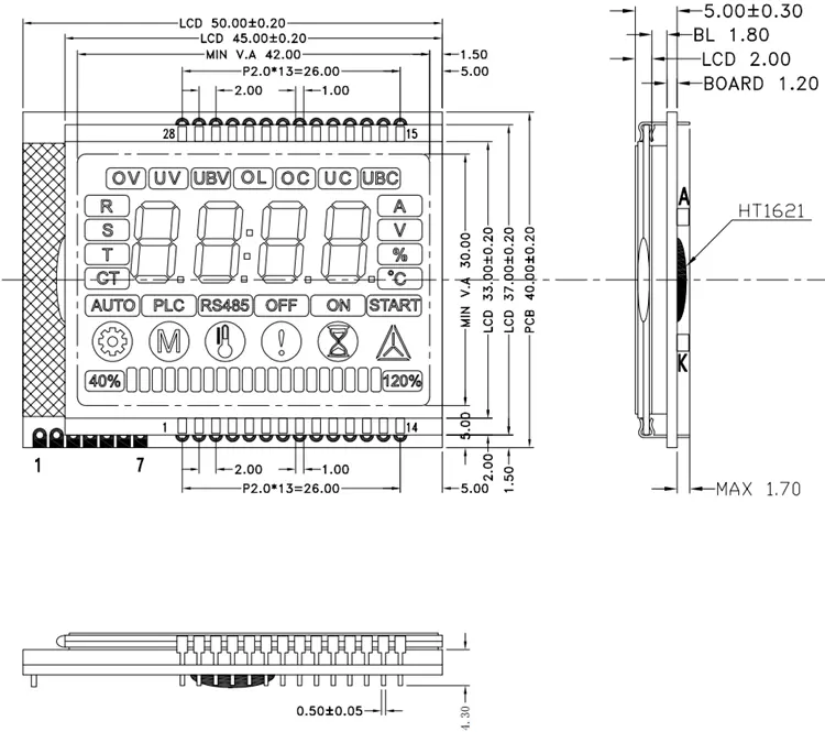 2,0-palčni pozitivni prilagodljivi programirljivi segmentni LCD zaslon z 2 PCS belo LED